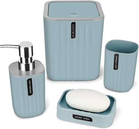 Generic Bathroom Accessory Set - 4 Piece Grey Bathroom Accessories Set With Trash Can, Soap Dish, Soap Dispenser, Toothbrush Cup, Bathroom Decor Sets With Desktop Small Trash Can - Blue Stripe