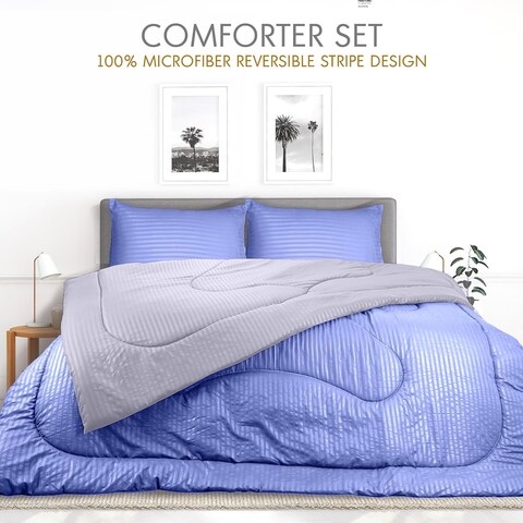 Hotel Linen Klub Reversible Down Alternative Comforter Set, Ultra Soft Brushed Stripe Microfiber Fabric, 200GSM Soft Fibersheet Filling, Size: Single 160 x 200cm, Purple &amp; Lt. Grey