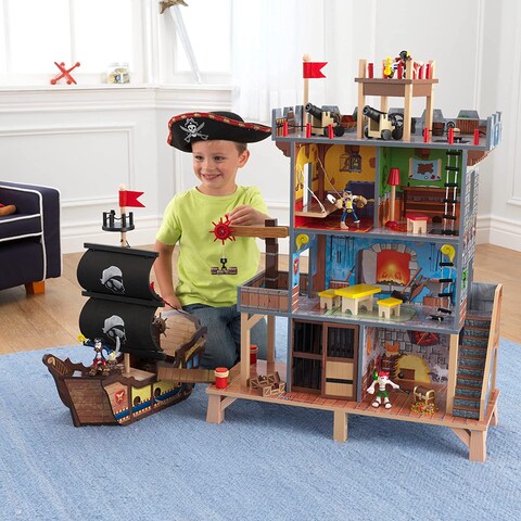 Kidkraft Pirate&#39;s Cove Wooden Ship Play Set With Lights And Sounds, Pirates And 17-Piece Accessories, Gift For Ages 3+