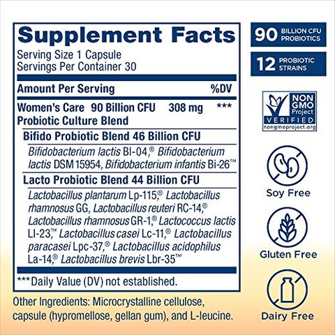 Renew Life Women&#39;s Probiotics 90 Billion Cfu, 12 Strains, Shelf Stable, Gluten Dairy &amp; Soy Free, 30 Capsules, Ultimate Flora Women&#39;s Care-60 Day Money Back