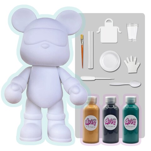 COOL BEAR COIN PIGGY BANK FIGURE (9 inch - 23 cm) ACRYLIC DRIP POUR PAINT COMPLETE KIT, Colors: Gold, Black, Blue-Green. Acrylic Rich Pigments Fluid Flow Paint, Arts and Crafts.