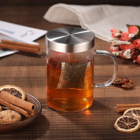 Lushh Clear Glass Tea Mug Cup with Stainless Steel Infuser Lid for Loose Tea/Tea Bag 500ML (17 Oz)