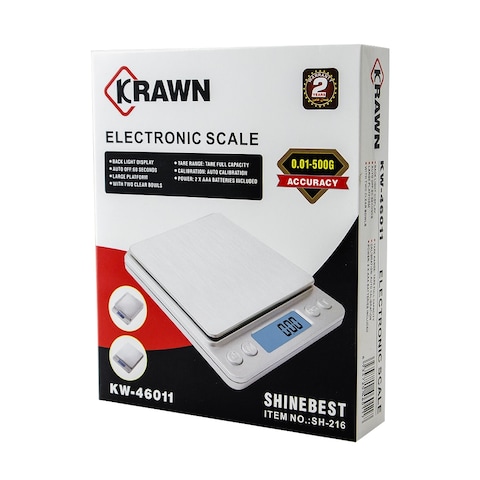 Krawn KW-46011 Accurate Digital Jewerly Scale from 0.01 to 500 Grams - White