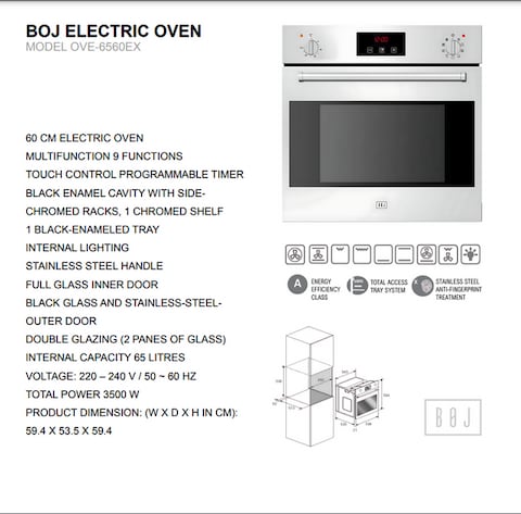 BOJ 60cm Built In Fully Electric Multifunctional Oven, OVE-6560EX Total Power 2300W, A Class Energy Efficiency, Internal Lighting, Made In Italy - 1 Year Manufacturer Warranty