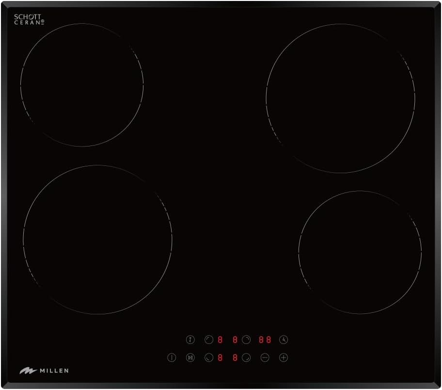 MIILLEN Built in Electric hob, 60 cm Black Glass, 4 Heating Zones, 6000W, Touch Control, MEH 601 BL, 3 Year Warranty