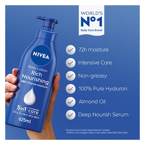 NIVEA Body Lotion Moisturizer for Extra Dry Skin, 48h Moisture Care, Nourishing Almond Oil &amp; Vitamin E, 625ml