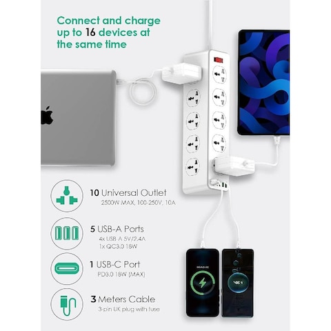 10 Way Power Extension Cord Surge Protector Strip Heavy Duty Universal Electrical Socket 5x USB-A 1x USB-C PD 30W