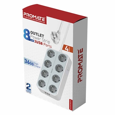 Promate PowerCord8EU-4M High Output 8-Outlet Power Strip With 3 USB Ports 3600W White
