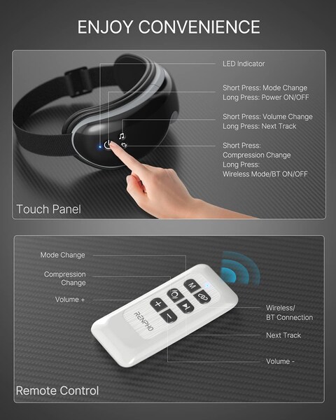 Renpho Eye Massager With Heat And Vibration, Remote Control, Compression Bluetooth Music Temple Eye Massage Mask Rechargeable For Relax Eye Strain Dark Circles Eye Bags Dry Eyes Improve Sleep, Black