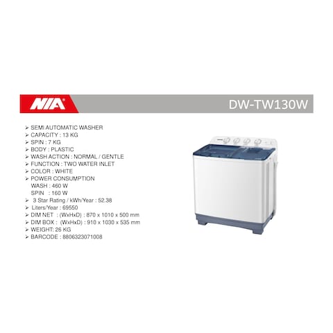 Daewoo Top Loading Semi Automatic Washing Machine 13kg DW-T130W White