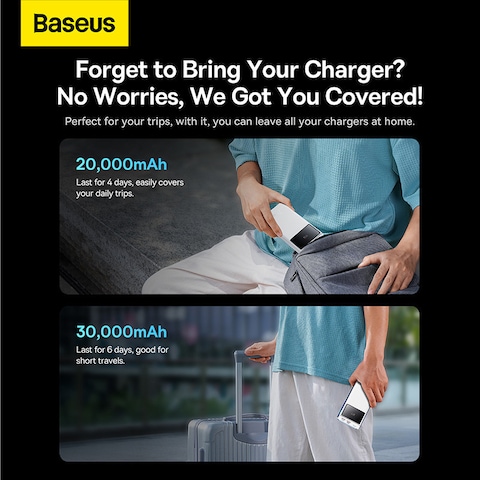 Baseus 30000.0 mAh Portable Charger Power Bank 30000mAh, 22.5W QC 3.0 PD 20W USB 3-Port 3A Fast Charging Charger C Battery Pack, Smart LED Display Phone for iPhone Series, Samsung, Android etc,  White