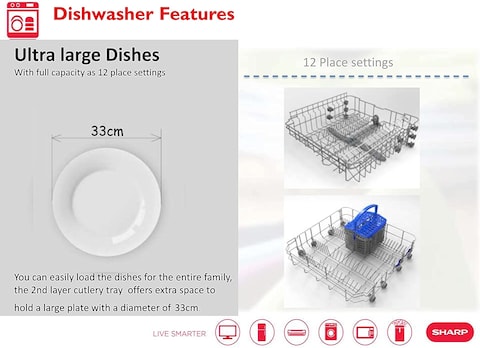 Sharp 12 Place Settings Free Standing Dishwasher, QW-MB612-SS3, Steel, 6 Programs