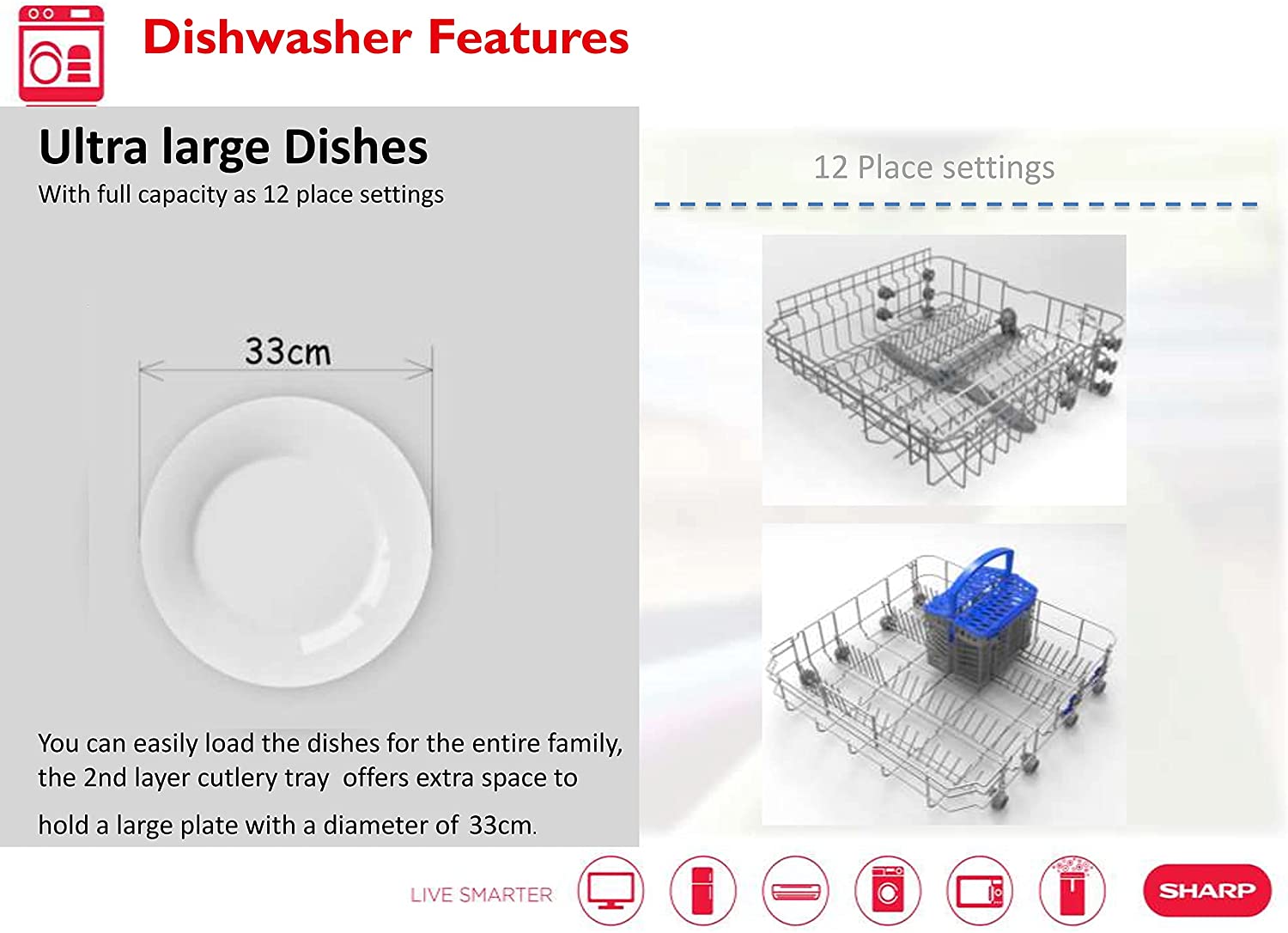 Sharp 12 Place Settings Free Standing Dishwasher, QW-MB612-SS3, Steel, 6 Programs