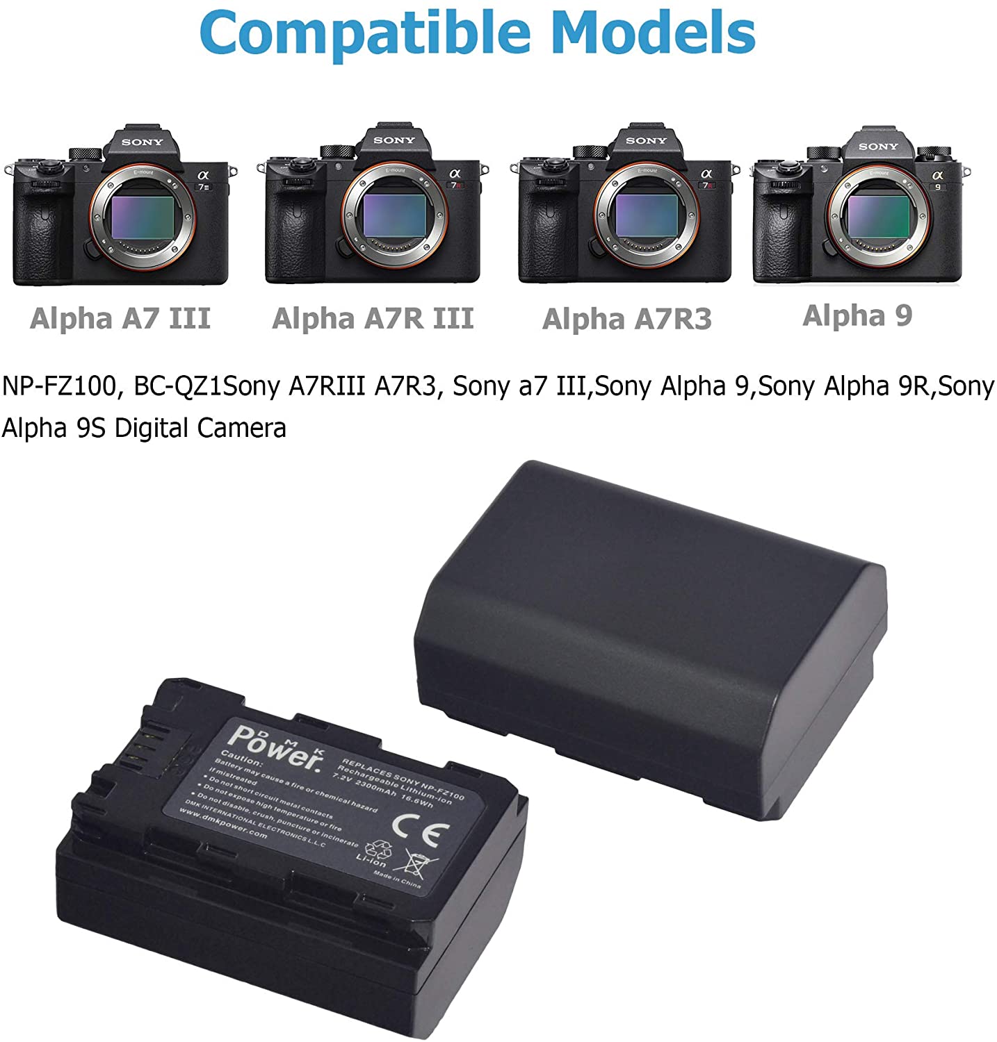 DMK Power NP-FZ100 Battery (2-Pack) and Dual USB Charger for Sony NP-FZ100, BC-QZ1 A7RIII A7R3, a7 III, Alpha 9, Alpha 9R, Alpha 9S Digital Camera