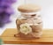 Burlap Lace Glass Jar Beige with Flower Design 13cm