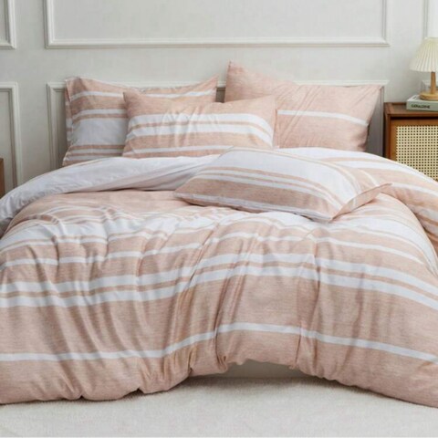 Luna Home Queen Size 6 Pieces, Coral Stripe Design Duvet Cover Set