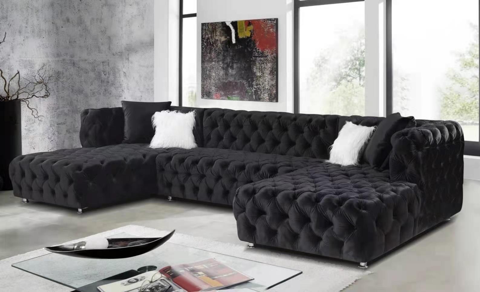 Vintage Designed Comfortable Fabric Chesterfield Sofa Couch American Hot-Sale Living Room U-Shape Button Tufted Upholstered Sofa(black)