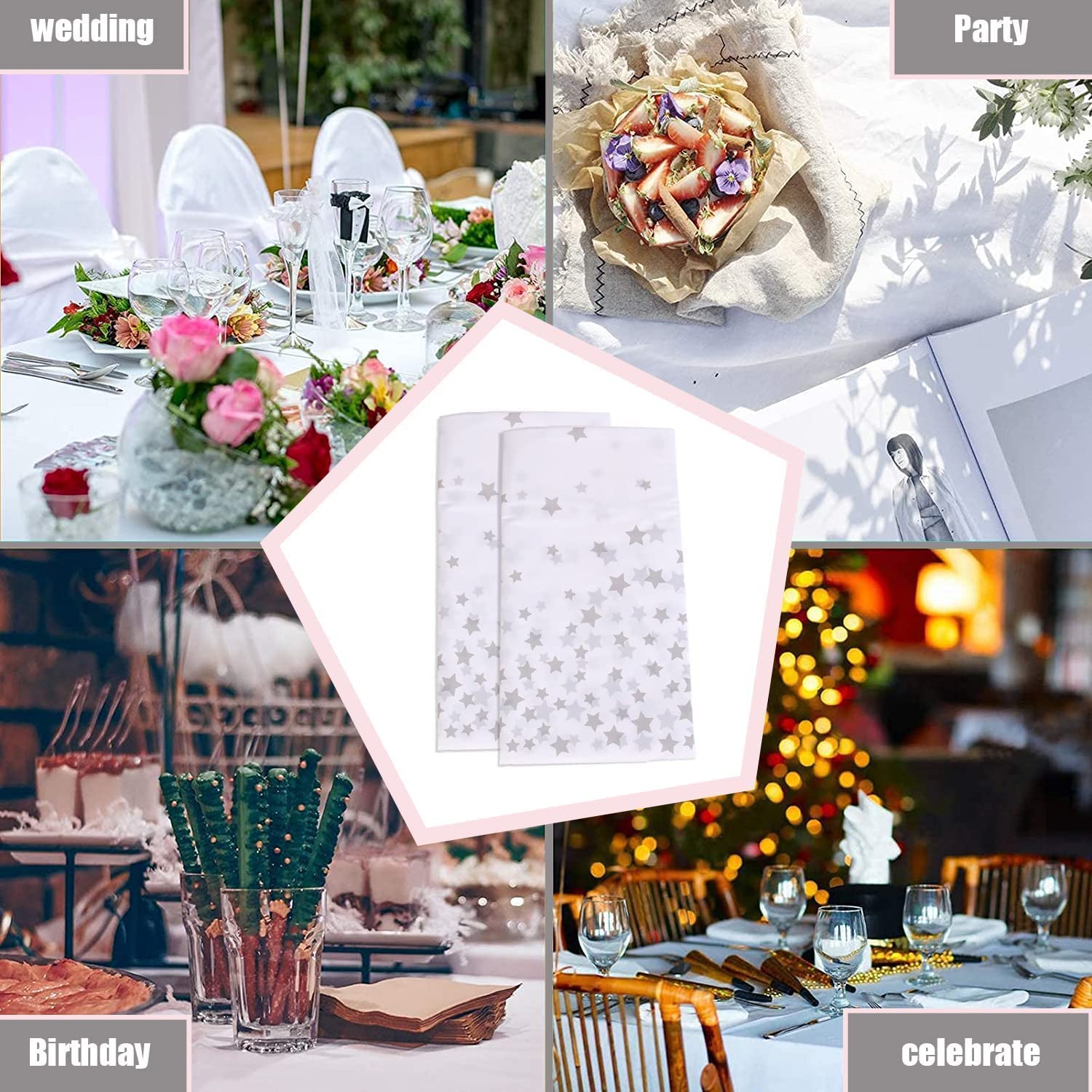 Plastic Star Tablecloth for Rectangle Table 54&quot; x 72&quot; Disposable Table Cover for Bridal Shower Wedding Birthday Party Decorations (Silver)