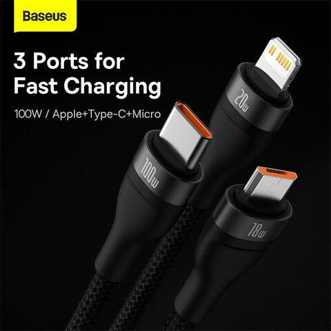 Baseus 100W Flash Series II Two-for-Three Fast Charging USB Type C Data Cable Compatible For iPhone 15/14/13/12/11 Series/MacBook/iPad/Samsung/Huawei And More 1.2 m Length, Black