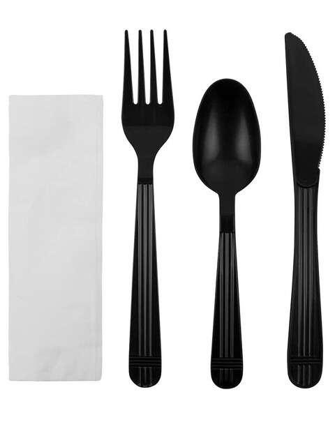 [50 Pack] Black Plastic Cutlery Set with Napkin - Knife Fork Spoon Napkin Set -Disposable Cutlery Set