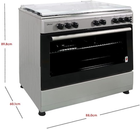 Nobel 90 x 60 Gas Cooker, 5 Gas Burner, Gas Oven &amp; Gas Grill, 8 Knob, Button Ignition, Glass Lid, 90 Min Mechanical Timer, FFD Protection, Made In Turkey NGC9699 Silver