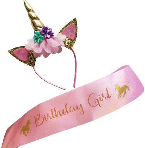 اشتري Generic - Unicorn Birthday Girl Set Gold Glitter Unicorn Headband and Sash for Girls Pink Birthday Party Kids Party في الامارات