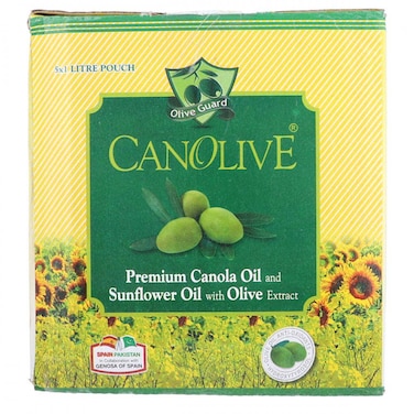 Olive Guard Canolive Premium Canola Oil, Sunflower Oil with Oilve Extract Pouch 1 lt (Pack of 5)