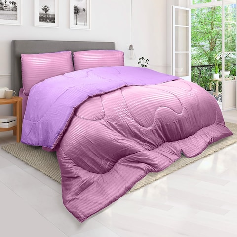 Hotel Linen Klub Reversible Down Alternative Comforter Set, Ultra Soft Brushed Stripe Microfiber Fabric, 200GSM Soft Fibersheet Filling, Size: Single 160 x 200cm, Pink &amp; Lilac