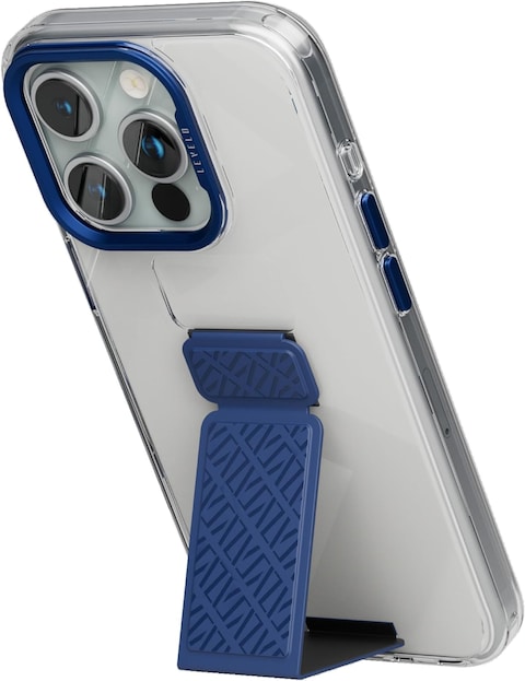 Levelo Morphix Clara Grip Case For iPhone 15 Pro: Reinforced Corners, Premium Leather Kickstand Grip, Shock-Proof Edges, And Multi-Positioning Modes For Ultimate Protection And Convenience (Blue)