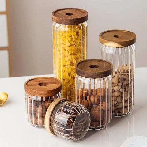 1Chase Borosilicate Stripe Glass Food Storage Jar With Acacia Wood Air Tight Lid, Handmade Glass Canister For Kitchen Pantry Organizer, For Storing Pasta, Nuts, Coffee, Snacks, Set Of 2, (900 ml)