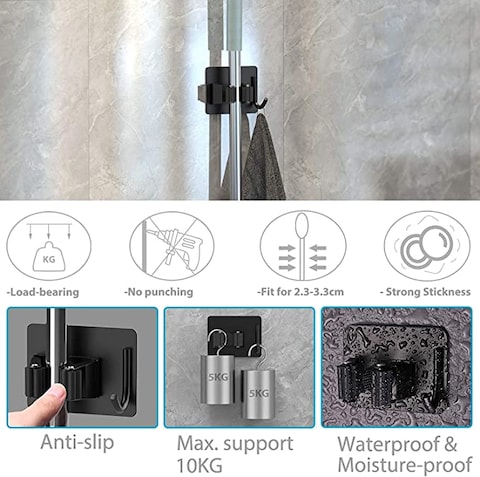 SHOWAY Broom Mop Holder Wall Mount, Wall - Mount - Mop Clips 4 Pack Self-Adhesive Mop Grippers Heavy Duty Broom Hanger for Laundry Room Garden Tool Holder Bathroom Accessories (Black)