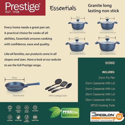 Prestige Essentials Granite 12 Piece Non-Stick Cast Aluminium Cookware Sets Blue