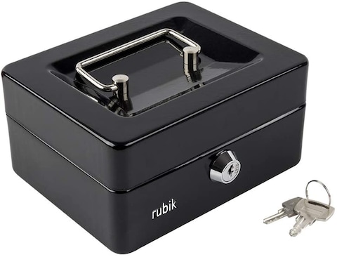 Small Cash Box Steel Register with Tray and Lock (15x12x7.5cm) Black