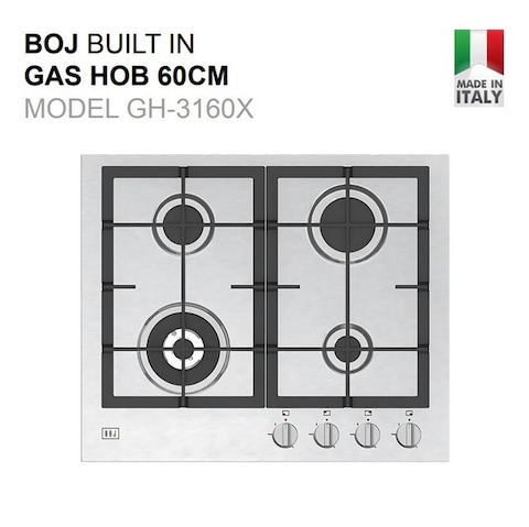 BOJ GH 3160XS, 4 Burner Built In Stainless Steel Gas HOB With Auto Ignition, Safety Device, 3 Gas Burners + 1 Triple Flame Burner, Cost-Iron Pan Support, Inox Capped Knobs, Silver, Size ( 60 x 60 )cm