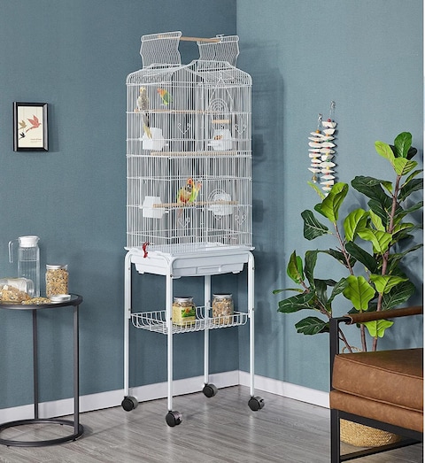 Egardenkart® Open Play Top Bird cage with Rolling Stand for Cockatiel Sun Conure Parakeet (White)