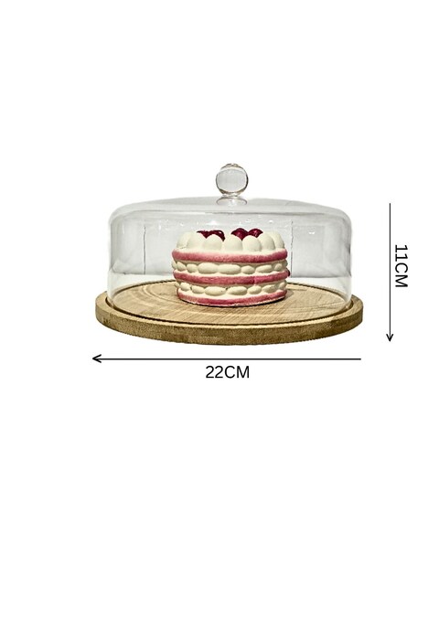 Lihan Acrylic Dessert Plate With Base, Wood Cake Tray 22X11Cm With Clear Acrylic Cover, Cake Fruit Display Server Tray For Kitchen, Birthday, Wedding, Appetizer Dessert (Round)