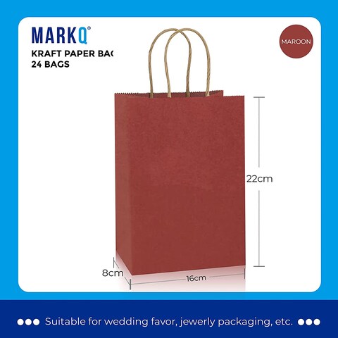 Markq Maroon Paper bags with handles 22 x 16 x 8 cm Small Kraft Gift bags for Birthday Party Favors, Weddings, Restaurant takeouts, Christmas (24 Bags)