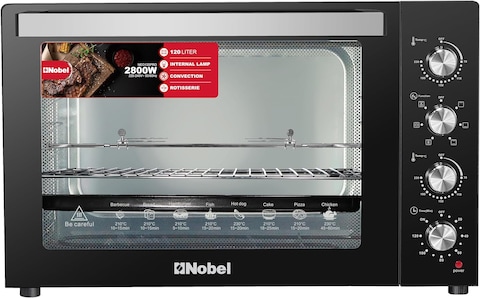 Nobel 7 In 1, 120 Liters Electric Oven With 4 Control Knobs, And Double Glass, 70-250&deg; AdjustableTemperature Control, 120 Min Timer With Bell Ring, 2 M Shape Heating Elements, 2800W NEO135PRO Black