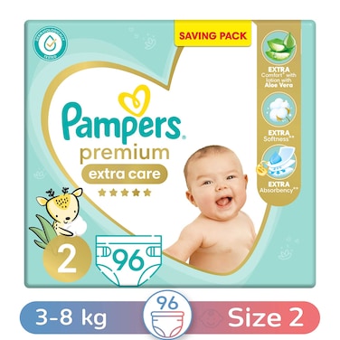 Pampers Premium Extra Care Diapers - Size 2 - 3-6 Kg - 96 Diapers