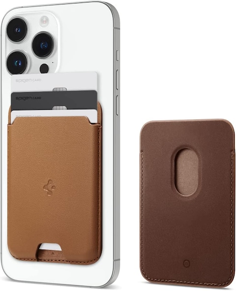 Spigen Valentinus (MagFit) Magnetic Wallet Card Holder [3-Cards] designed for MagSafe Compatible with iPhone 14 iPhone 13 and iPhone 12 Models - Brown