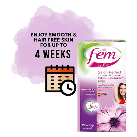 Fem Salon Perfect Bikini And Underarm Calendula Wax Strips For Normal Skin 20 Pieces