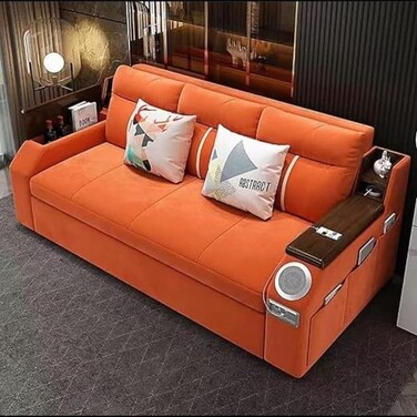 Extendable 2 in 1 Sofa Bed with Side Pockets,  Bottom and Side Storage, USB Ports, Bluetooth and Speaker Size 180 cm Outside color Orange