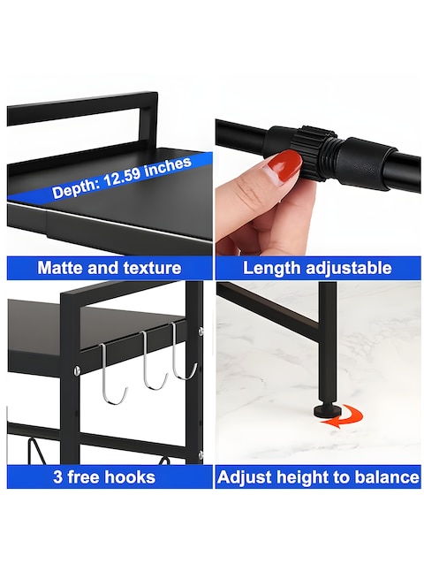 Cozy Nest 2 Tier Expandable Microwave Oven Rack with 6-Hook Non-Slip Pads with Spoons Knife Stand and Cutting Board Holder Adjustable Height and Width Kitchen Organizer Storage Shelf (2 Layer, Black)