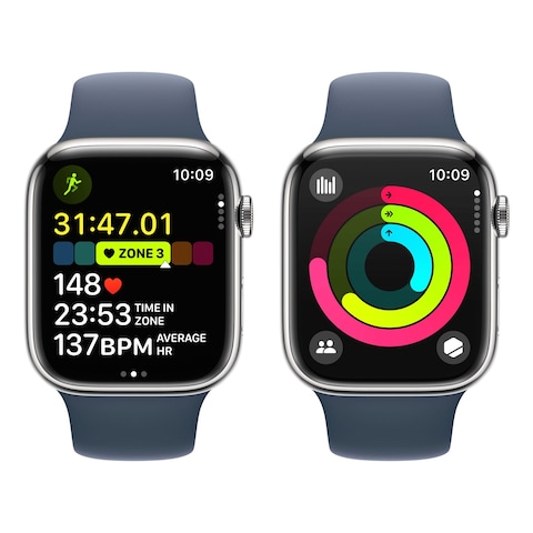 Apple Watch Series 9 LTE 45mm Silver Stainless Steel Storm Blue Sport Band Medium/Large