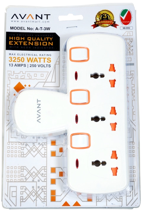 Multi Adaptor 3 Way T-Socket with Individual Switches &amp; Indicators by AVANT, UK