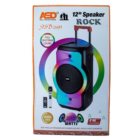 ASD-2493 ROCK 2000 Watts 12&quot; Trolley Speaker with Wireless Microphone, Disco Light &amp; Remote