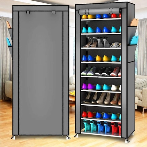 10-Tier Shoe Rack, Shoe Storage, Shoe Rack 58 x 28 x 160 cm, for approx. 27 Pairs of Shoes, DIY, Slim, Made of Non-Woven Fabrics (grey)