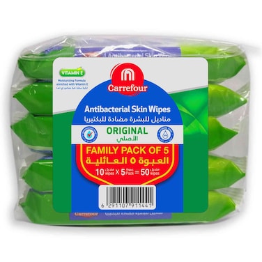Carrefour Antibacterial Original Skin White 10 Wipes Pack of 5