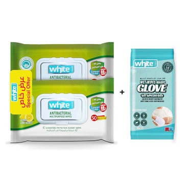 وايت مناديل مبللة مضادة للبكتيريا - 50 منديل - 2 كيس + قفاز مبلل للاستحمام السريع