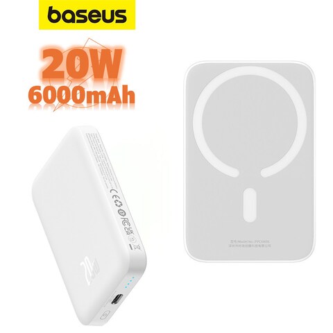 Baseus 6000 mAh MagSafe Power Bank 6000mAh 15W Wireless Portable Charger PD 20W With USB-C Port Fast Charging MagSafe Battery Pack For iPhone 15 Pro Max/iPhone 15/15 Plus/14/13/12 Series White